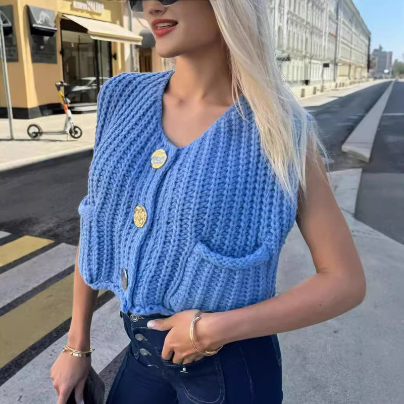Cross-Border Sweater for Women European and American 2025 Autumn and Winter New Product V Neck Flap Pocket Pants Thick Needle Sleeveless Cardigan Knitted Vest for Women