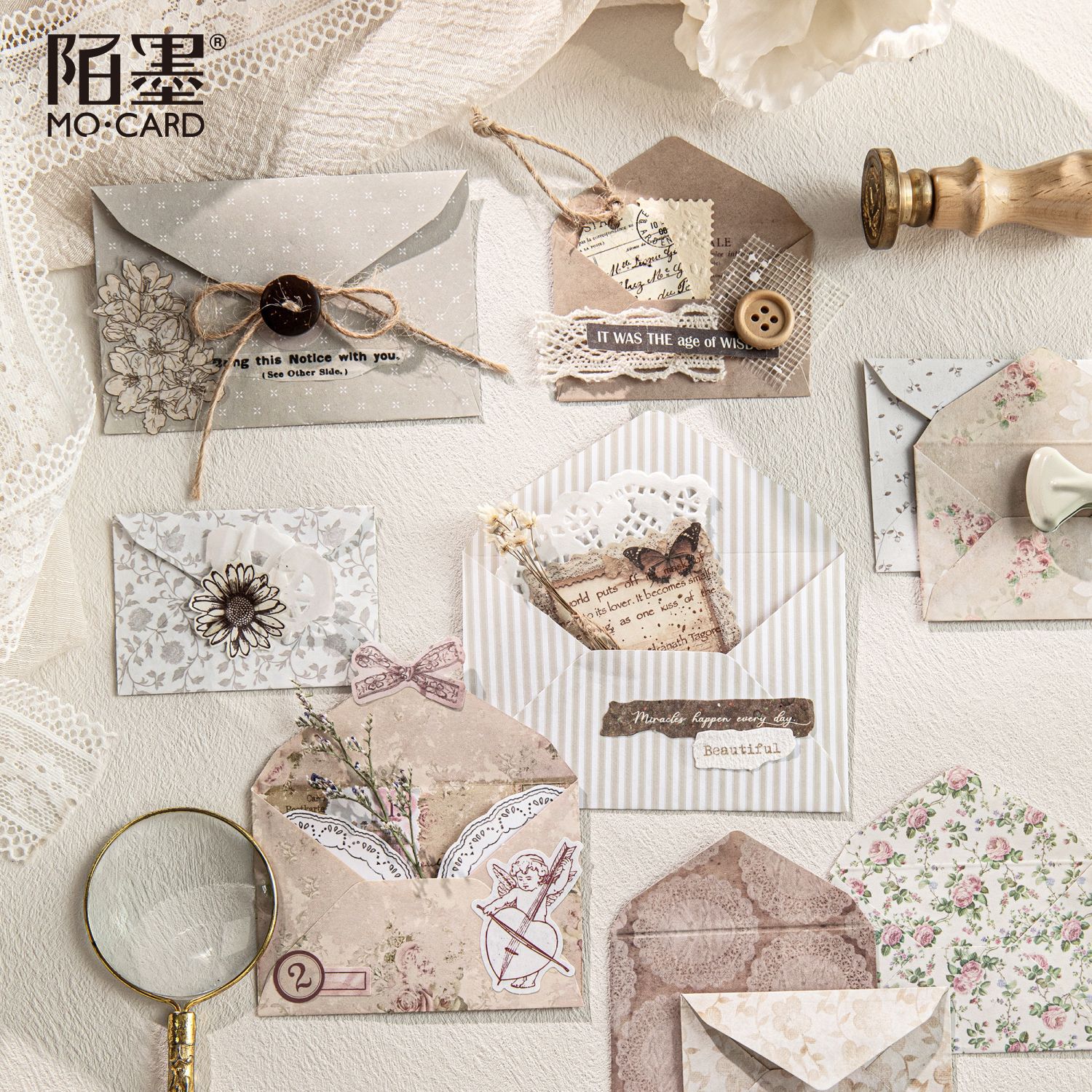 Mo Mo Ivory White Mini Sobres Set Post Time Series Confesión retro Cartas de amor Almacenamiento de tarjetas de felicitación