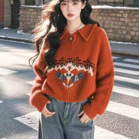 高级感费尔岛红色翻领卡通毛衣女2025新款春秋季针织上衣宽松外穿