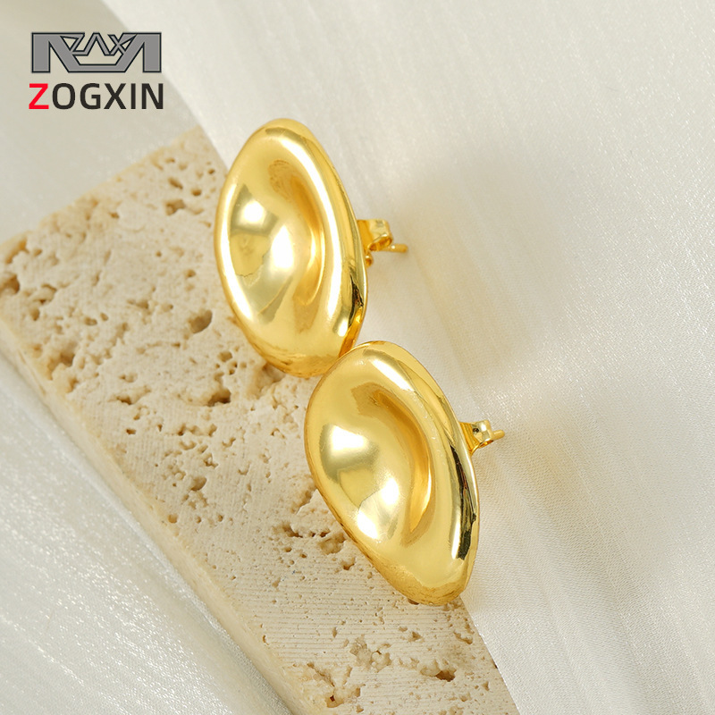 Pendientes clásicos de moda ovalada irregular de nuevo estilo chapado en acero inoxidable cóncavo de 18K Pendientes de personalidad simple y única