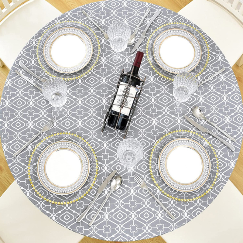 Mantel redondo de PVC transfronterizo impermeable y a prueba de aceite forrado de vellón grueso transparente impreso mantel de plástico banda elástica mantel de grano de madera