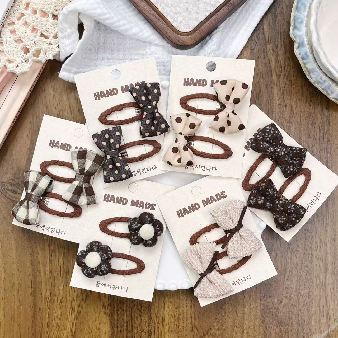 Tejido coreano arco de algodón para niños adornamientos de cabello de color arroz curry anillo de cabello dulce punto de ondulación flor triturada correa de cabello de niñas