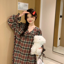 实拍2025韩版宽松情侣春秋磨毛彩格宽松休闲家居服套装连衣裙批发