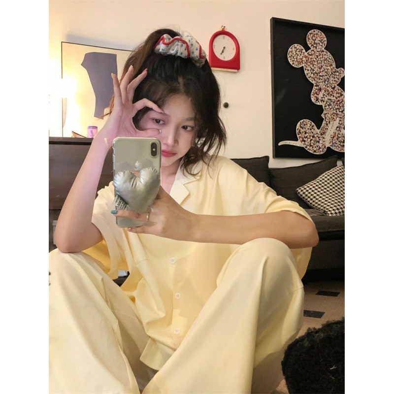 (2개) 계란 노란색 잠옷 여성의 여름 카디건 반팔 바지 봄과 가을 달콤한 학생 간단한 단색 홈 의류 세트