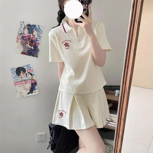 Laid-back sporty set, college style, regular shoulder POLO collar T-shirt, JK short skirt, summer women's clothing set outfit
