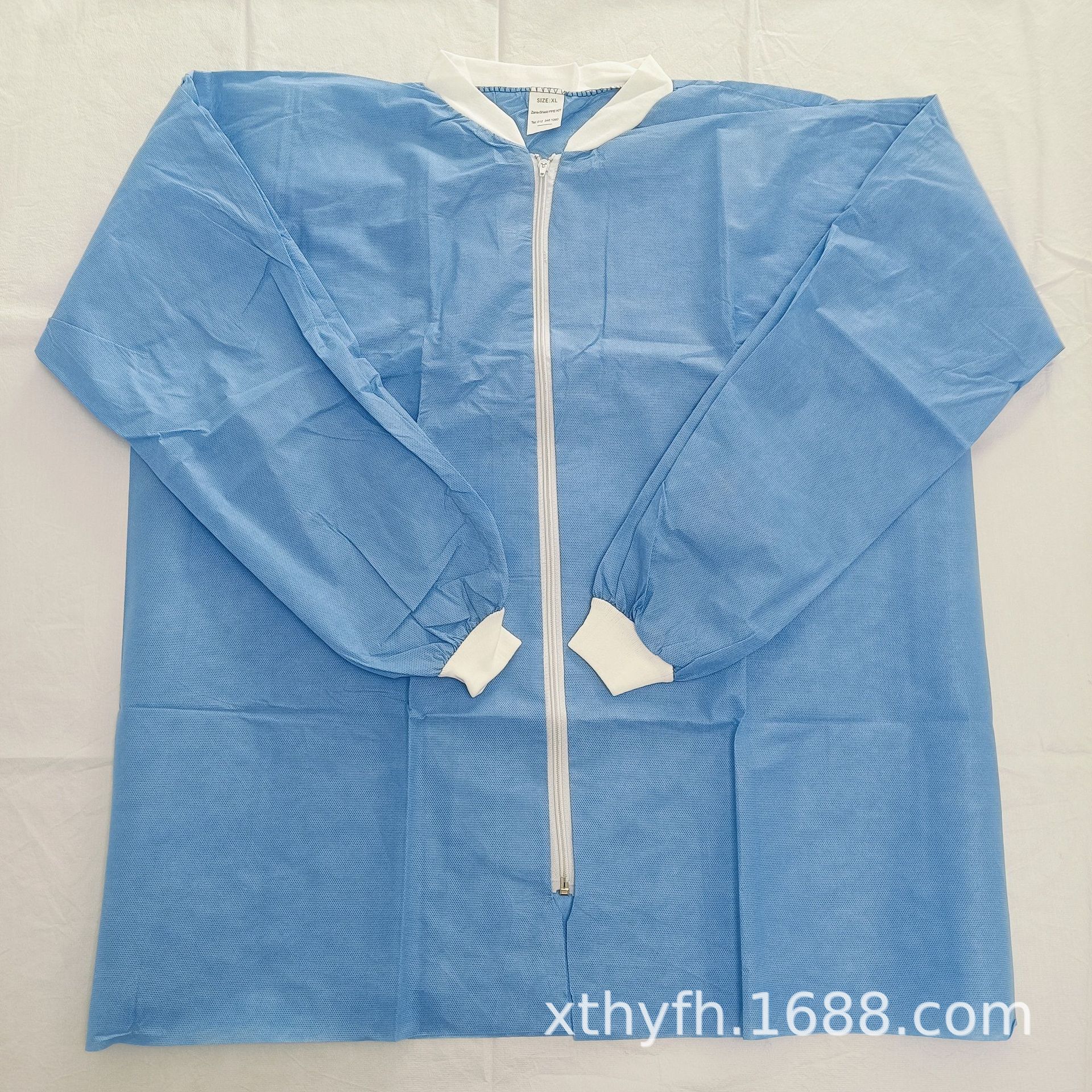 工厂加工 SMS无纺布lab coat拉链工作服防尘参观服针织领袖蓝大褂