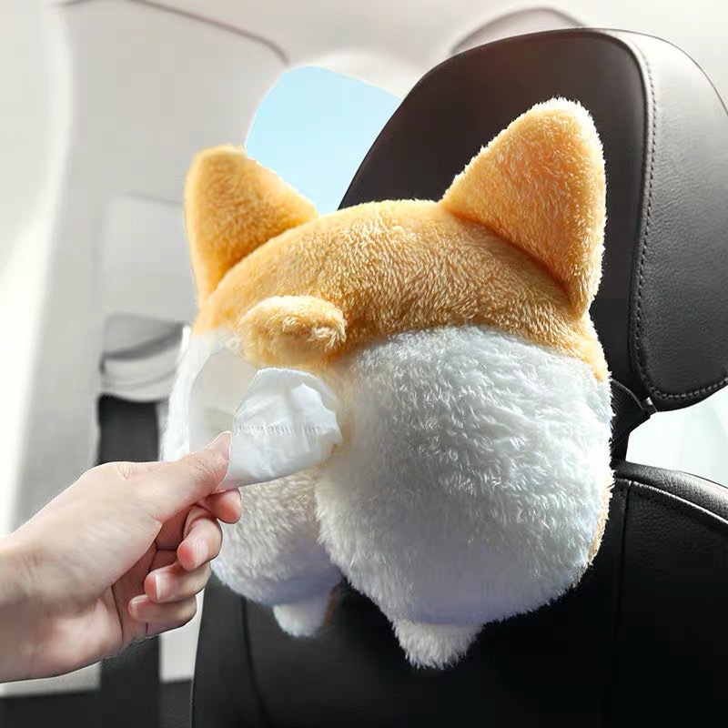 Creative Corgi Rearview Mirror Tissue Box Car Seat Tissue Holder Plush Hanging Tissue Bag
