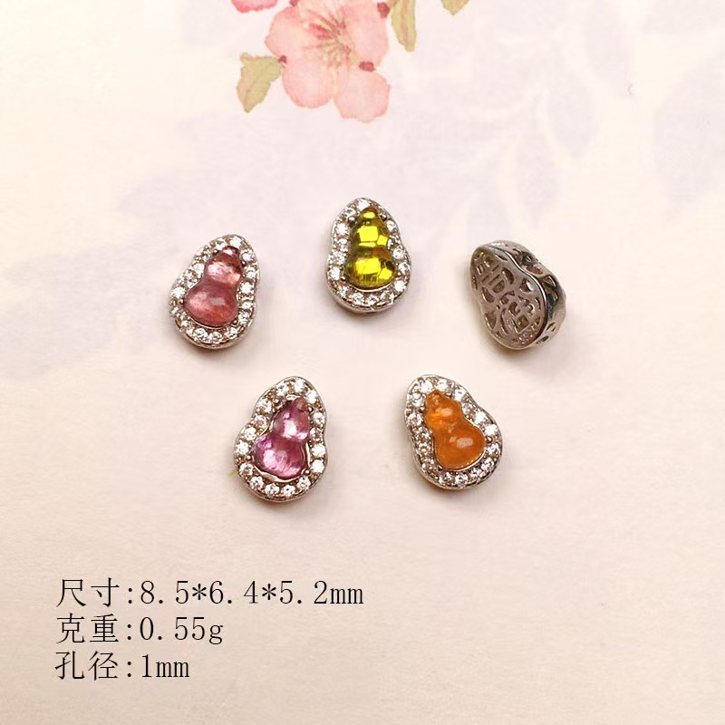 Natural tourmaline diamond-encrusted gourd s925 silver-plated through-hole accessories bracelet string decoration diy handmade spacer beads semi-finished products