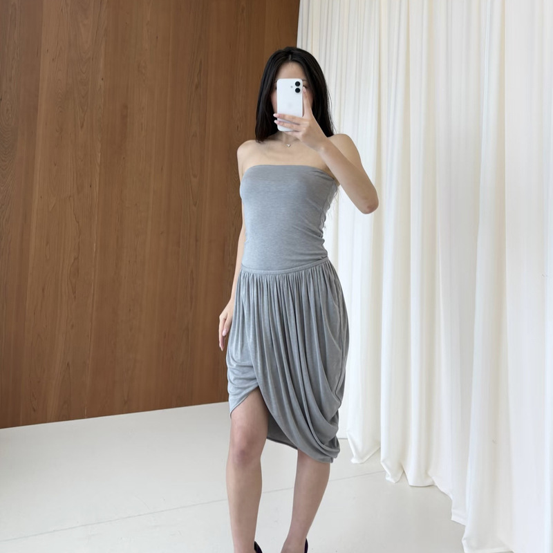 Acetate Naia Three-Way Wear Tulip Tube Top Dress in Heather Grey/Black