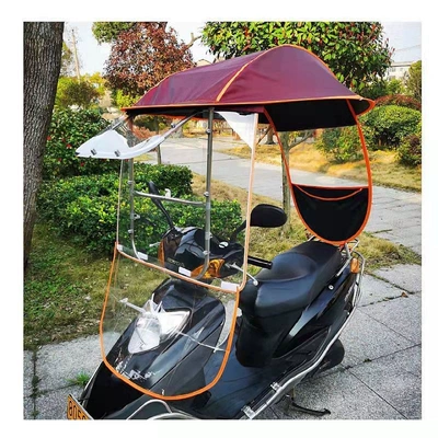 Electric vehicle canopy, new battery-powered tricycle motorcycle, sun protection, wind and rain shield, new two-wheeled model (Elektromobil üçün ön şüşə çətiri (günlük)) - high-definition-sliding-window-sun-protection-tarpaulin-cherry-red-rain-curtain-the-car-has-a-rearview-mirror