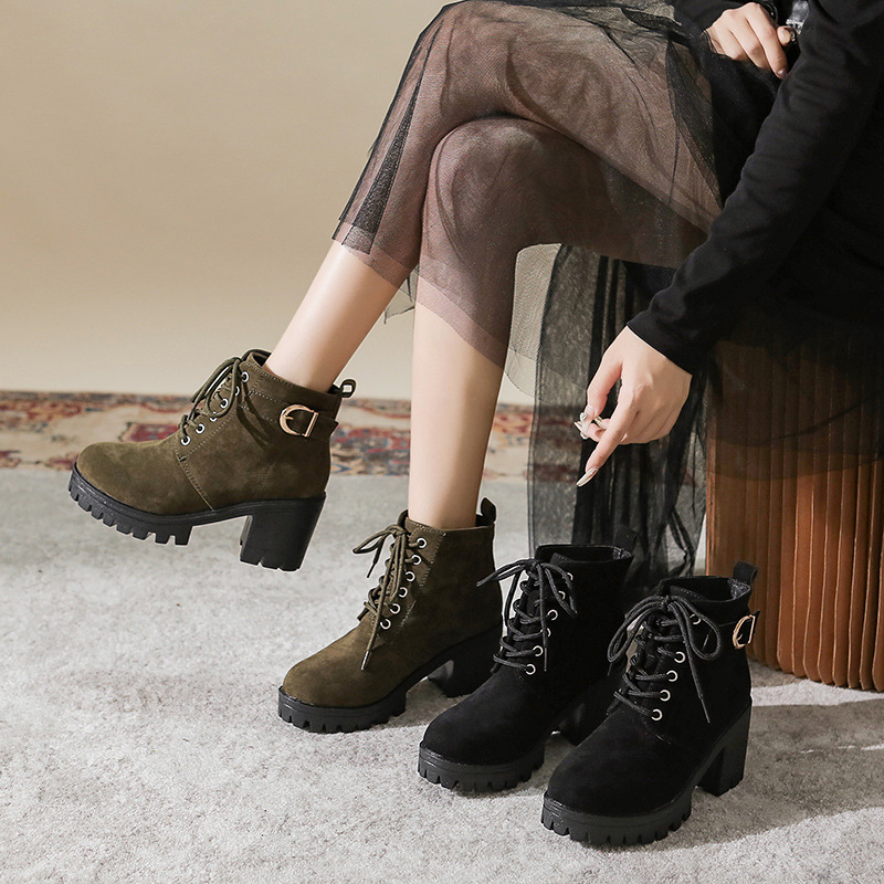 Duży rozmiar jesień i zima wysoki obcas pojedynczy z klamrą paska gruby obcas krótkie buty modny styl okrągły nosek_voghion.com