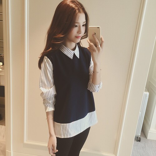 New Korean-style plus-size loose slimming striped shirt, casual long-sleeved bottoming top, women's faux two-piece top.