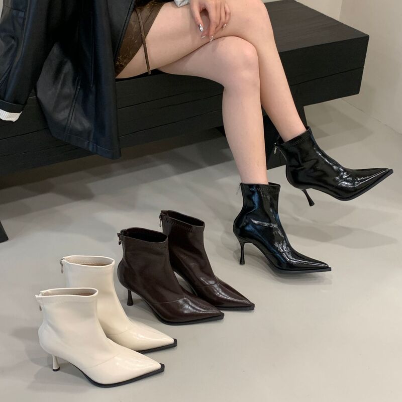 Black High-Heeled Short Boots for Women 2026 Autumn and Winter New European and American Style High-End Pointed Toe Stiletto Boots with Back Zipper Slim Boots
