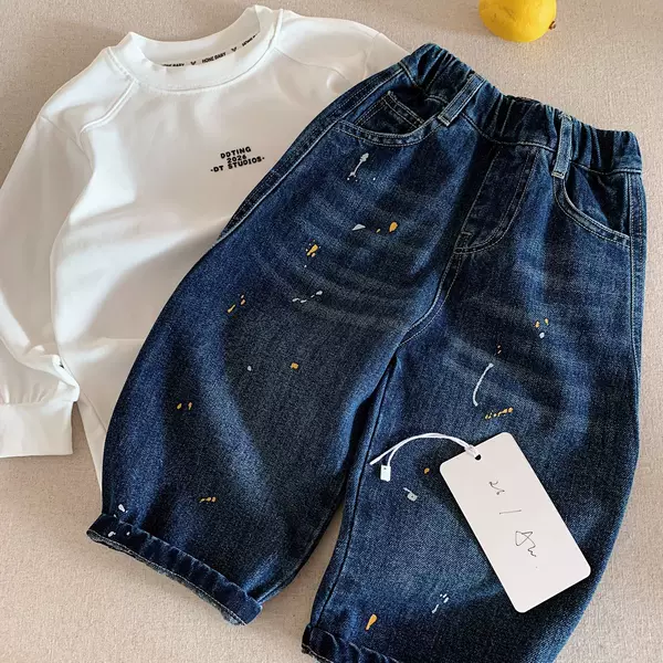 Boys' Jeans 2026 Autumn New Style Children's Paint-Splattered Casual Bamboo Denim Trousers Fashionable and Stylish Curved Pants