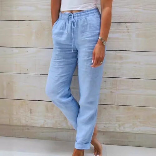 Europe and America cross-border new foreign trade Amazon wish women's high-waist elastic waist pure color cotton linen casual pants