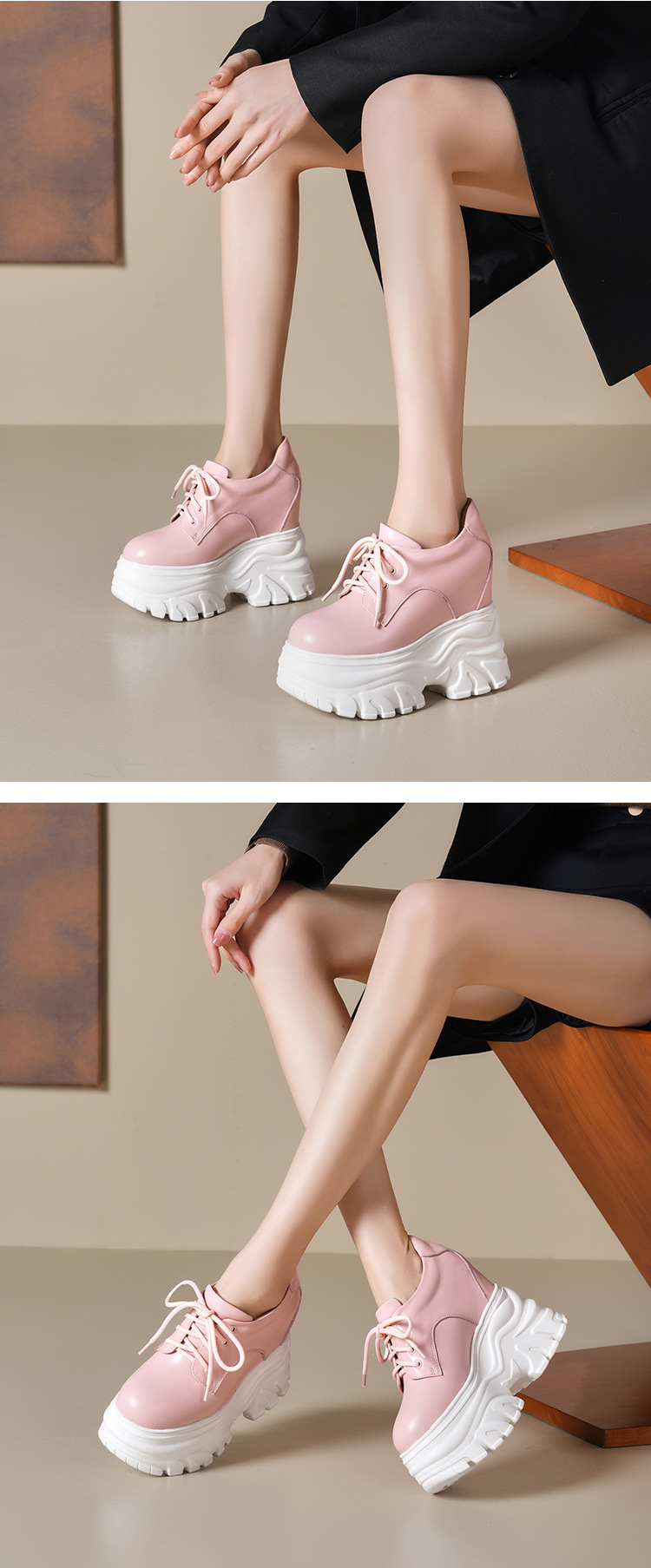 Giày sneaker nữ đế dày tăng chiều cao 12cm dây buộc da thật — Màu đen chi tiết 3
