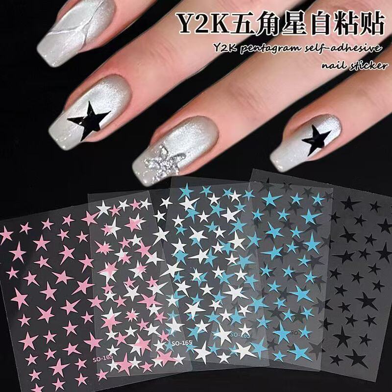 Trendy Popular Leather Pink Star Nail Stickers Y2K Black and White Pentagram Ins Sweet Cool Spicy Girl Style Hollow Adhesive Stickers
