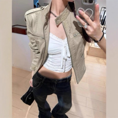 SUNONEON 立领做旧美式复古短款牛仔外套女早秋新款正肩夹克上衣