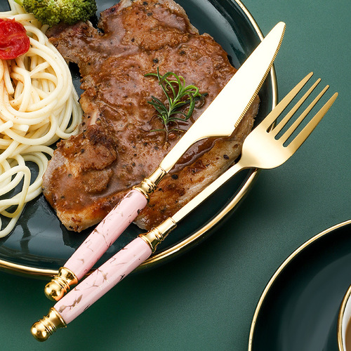 Cross-border stainless steel ceramic handle Western tableware knife, fork and spoon five-piece set with marble handle emerald knife, fork and dessert spoon