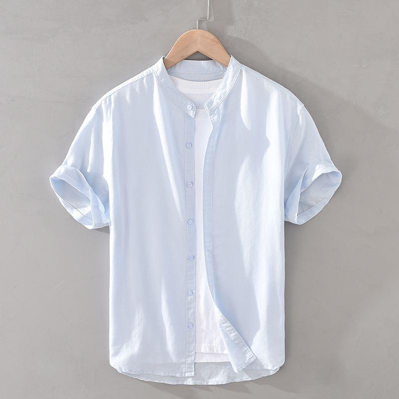 Camisa de algodón y lino de manga corta con cuello alto básico de verano japonés Camisa blanca de lino suelta fresca y delgada para hombre