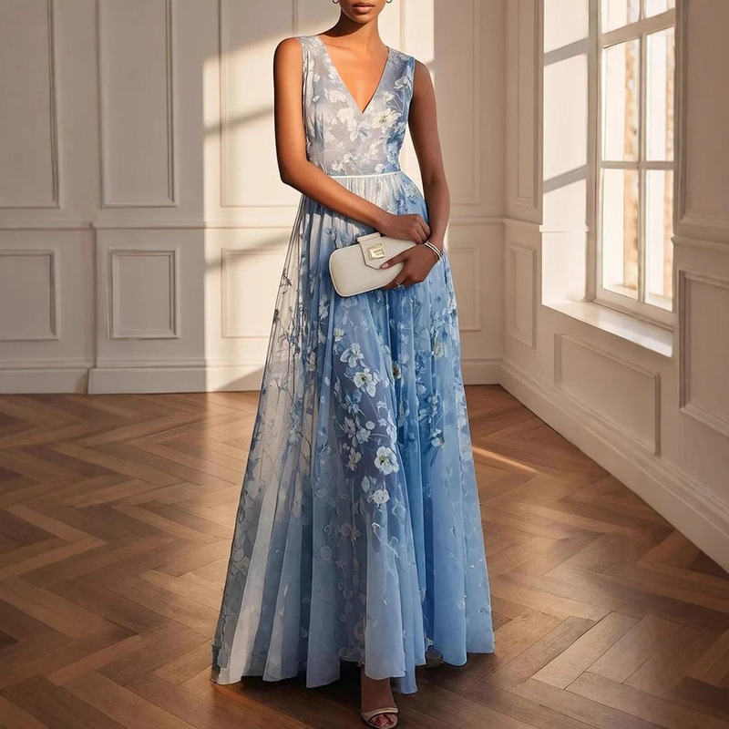 2025 European and American Women's Clothing Amazon Evening Dress Prom Elegant Digital Printed Sleeveless Dress Long Dress