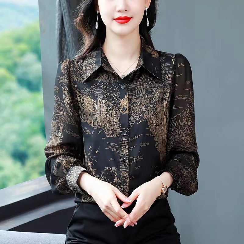 High-End Imitation Silk Shirt for Women, Long-Sleeved 2023 New Style, Age-Reducing Shirt, Spring & Fall Slimming Look Women's Top