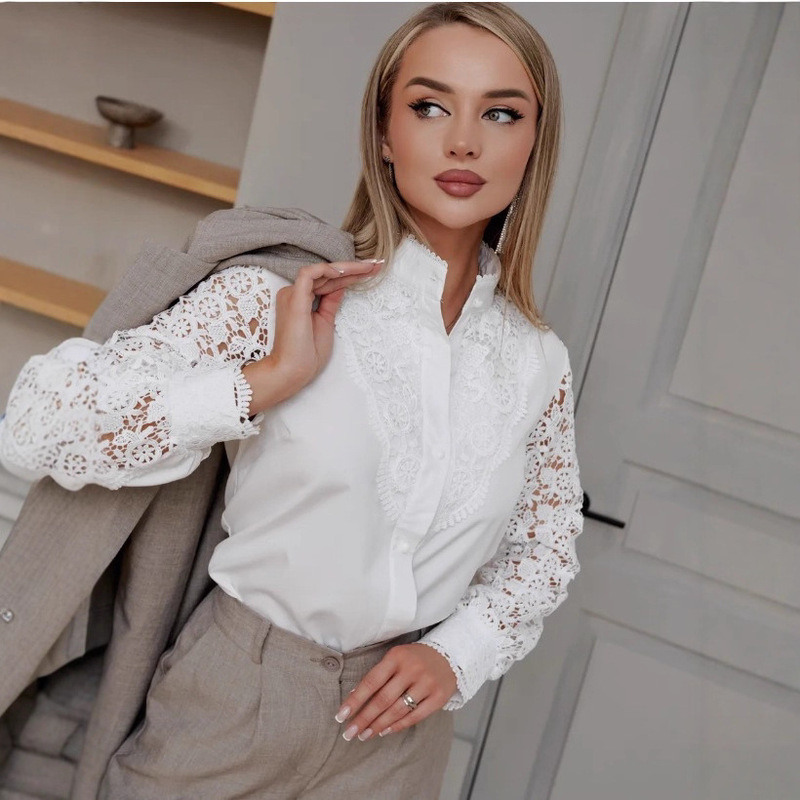 2025 European Export Aliexpress Wish Popular Shirt New Pure Color Lace V Neck Cardigan Women's Shirt