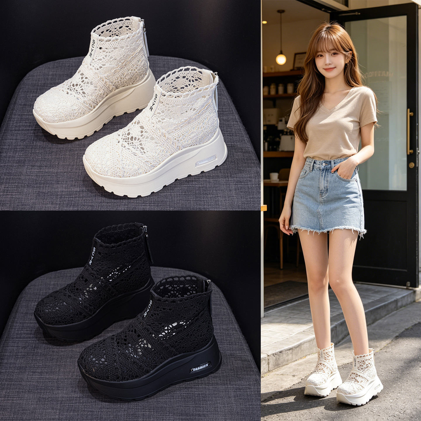 Giày sneaker nữ đế dày lưới ren hở mũi phong cách thể thao thời trang — Be 5067, Vang 5067, Den 5067