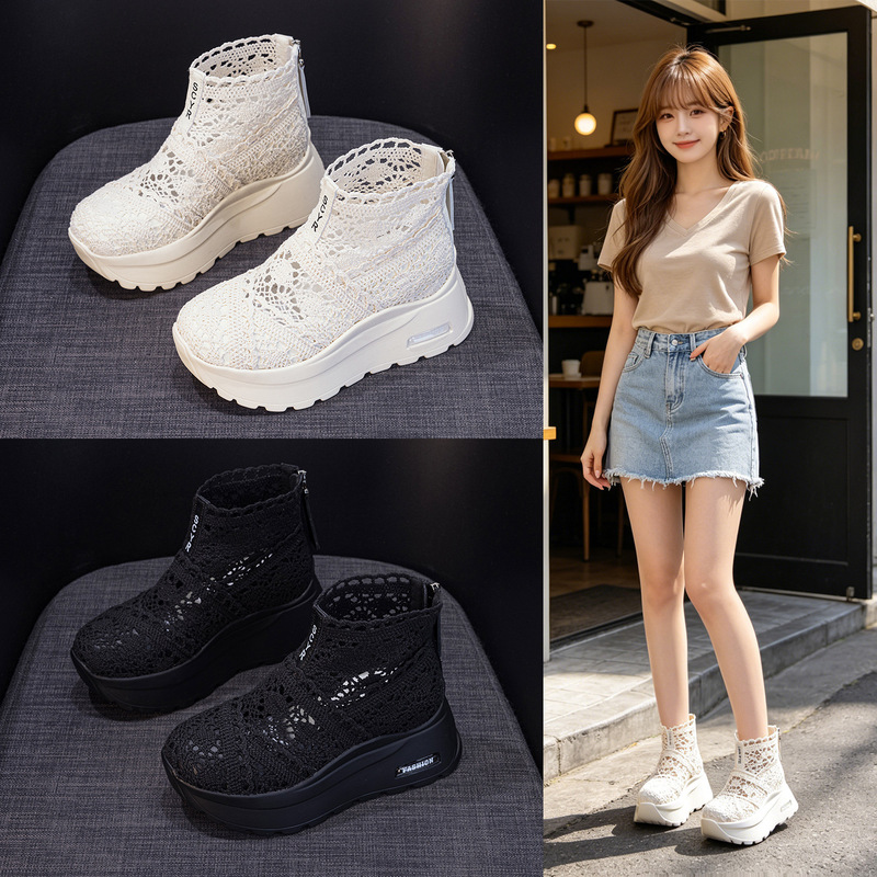 Thick-soled mesh lace women's shoes, 2026 summer new model, breathable, casual, fashionable, hollow-out, high-end, stylish sneakers Thick-soled mesh lace women's shoes, 2026 summer new model, breathable, casual, fashionable, hollow-out, high-end, stylish sneakers