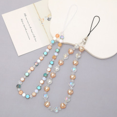 New Style Round Crystal Phone Chain with Anti-Fall and Anti-Lost Function, Short Phone Strap with Beads, Heart-Shaped Phone Rope