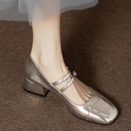 Silver Mary Jane Flat Shoes for Women - New Summer Small Leather Shoes with Medium Heel, Thick Heel, High Heel French Style to Match Skirts and Ballet Flats