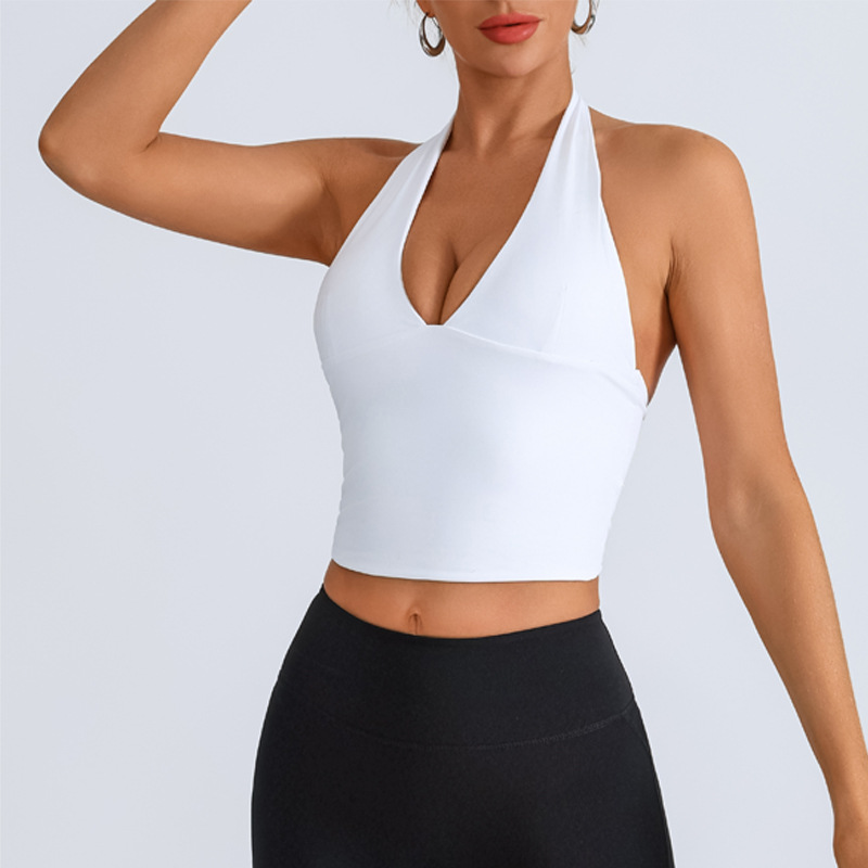 Chaleco deportivo transfronterizo europeo y americano, ropa de yoga, cuello halter femenino, cuello en V, running, fitness, espalda hermosa, top de entrenamiento de secado rápido