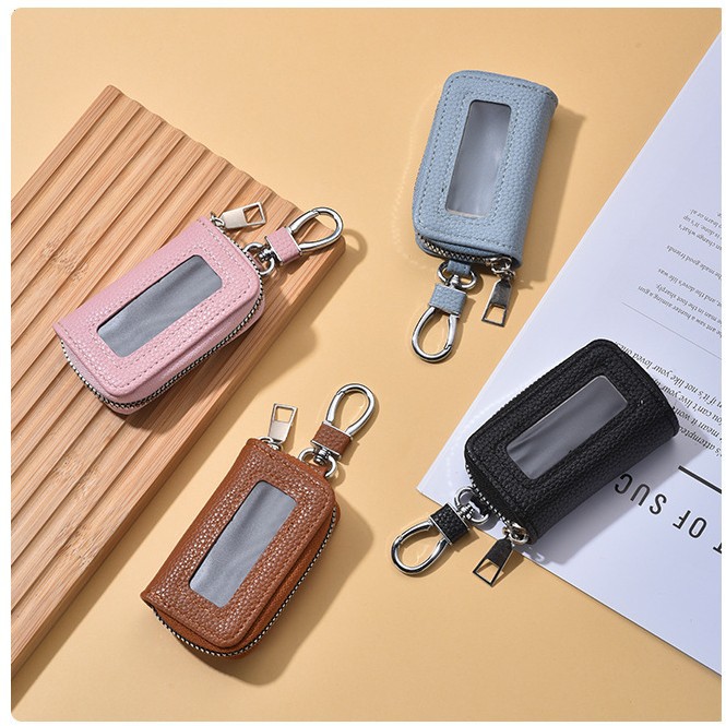 Cross-Border Pebbled Car Key Bag Light Luxury Mirror Window Visible Car Remote Control Key Bag Universal Leather Waterproof
