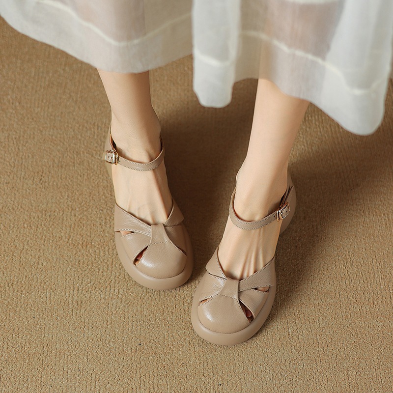 Sandal cao gót nữ quai ngang da cừu mũi nhọn đế dày — Màu be
