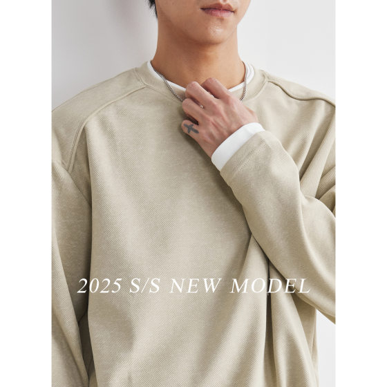 Also stop heavy long-sleeved fake two-piece T-shirt men's spring and autumn American-style loose round neck sweater trendy brand stacked base shirt