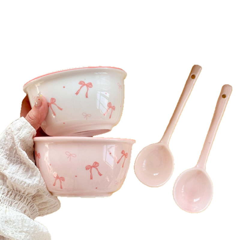 Ins系ご飯碗蝶結び陶磁器碗釉薬下彩家庭用ピンク少女心飯碗甜品碗可マイクロ波|undefined