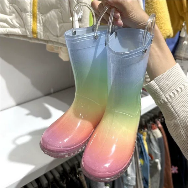 Rainbow Children's Rain Boots for Girls, Suitable for Kindergarten and Elementary School Students, Non-Slip Mid-Calf Rain Boots, Rainbow All-Season Water Shoes