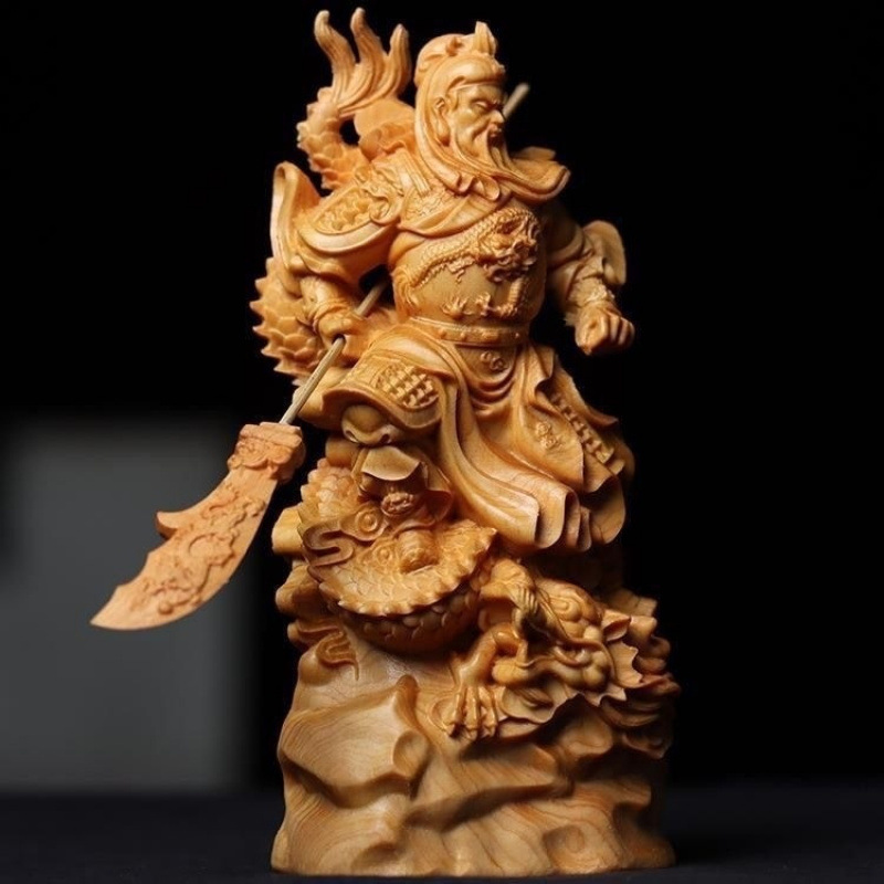 クスノキの木彫り、龍関公、富の神、関羽、関二、ホームオフィスの装飾品、無垢材の彫刻工芸品|undefined