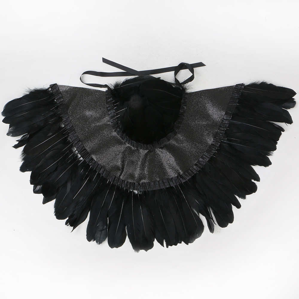Ropa para niños Vestido de bruja maléfica Capa de plumas Disfraz de Halloween para niños Vestido de malla negro para niña gótica_voghion.com