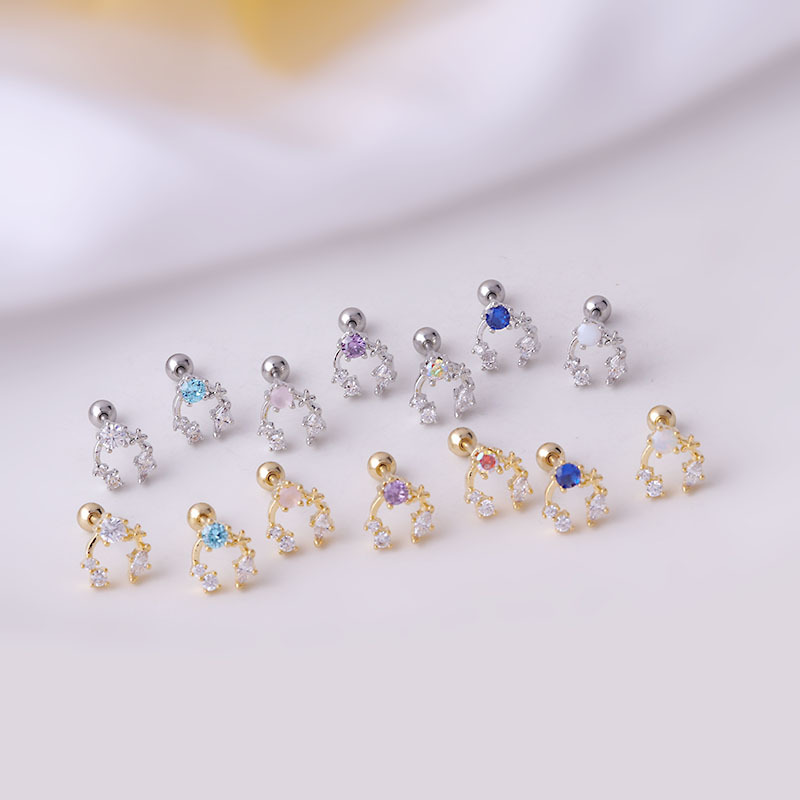 0.8MM titanium steel thin rod colorful zircon single ear bone studs