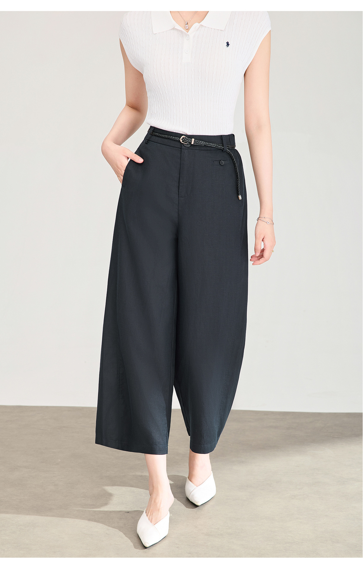 Quần culottes nữ ống rộng dáng suông, cạp cao, chất liệu tencel linen thoáng mát, phù hợp mùa hè — Xanh lông mòng đen chi tiết 14