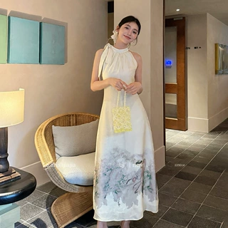 LS度假风水墨连衣裙女 夏季新款国风挂脖收腰显瘦长裙女装 22501