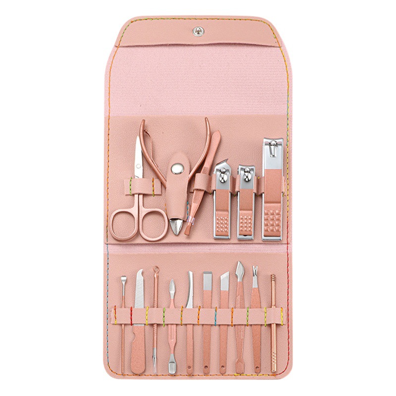 Cortaúñas de oro rosa traje de triple bolsa de 16 piezas conjunto pedicura manicura herramientas
