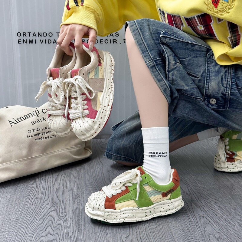 European Station Shell Head 2025 Thick Bottom Red Niche Casual Women's Shoes Sneakers Dissolved Trendy Shoes Increased New Arrival Splash Ink