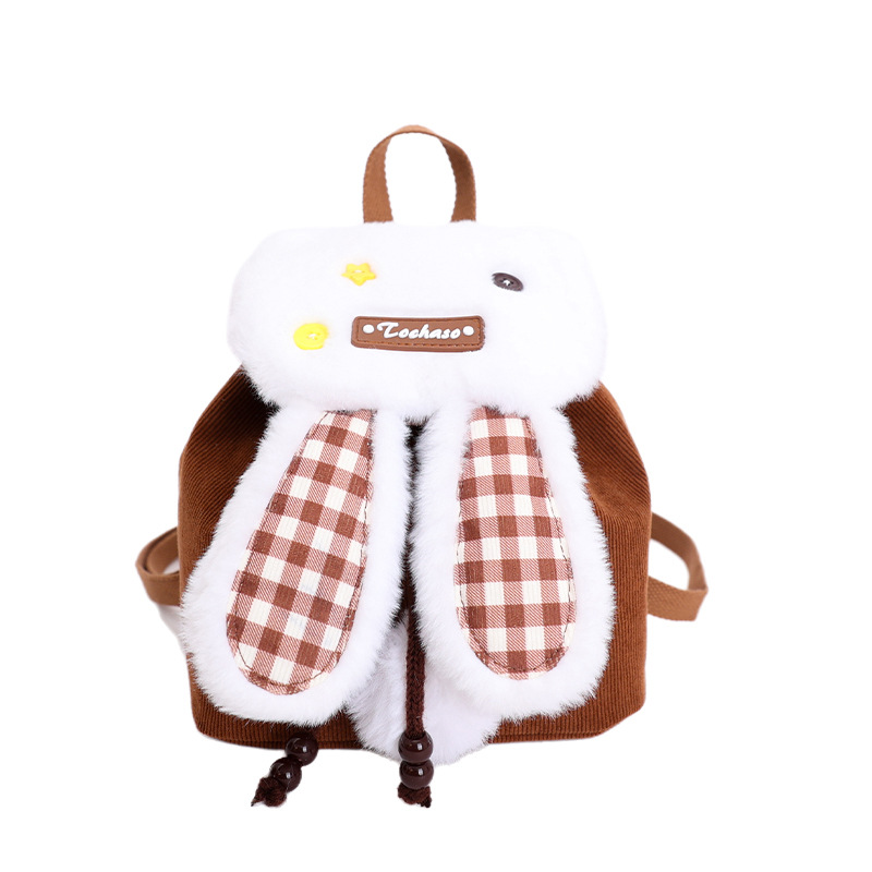 Nueva mochila infantil lindas de peluche cuadriculado orejas de conejo bolsas escolares de estilo extranjero cuerda de dibujo mochila de moda para niños y niñas