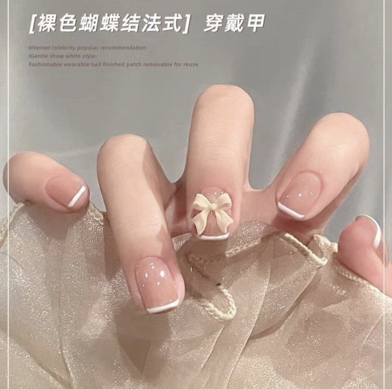 Nude Color Large Bow Nail Stickers Wearable Nails Nail Stickers Ice-Clear Pure Desire Whitening Nail Tips Ultra-Thin Realistic
