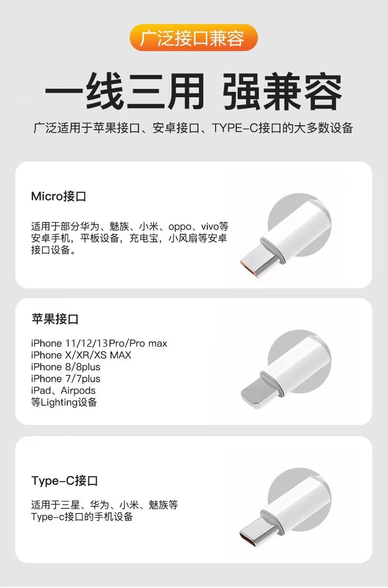 Super fast charging cable 120W compatible with Apple/Type-C/Android 3-in-1 charging cable 1 to 3 6A data cable