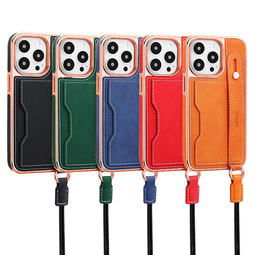 Apple 15 Plated Phone Case with Wrist Strap, iPhone 13 Pro Card Holder Stand, Crossbody Lanyard Compatible Phone Cover