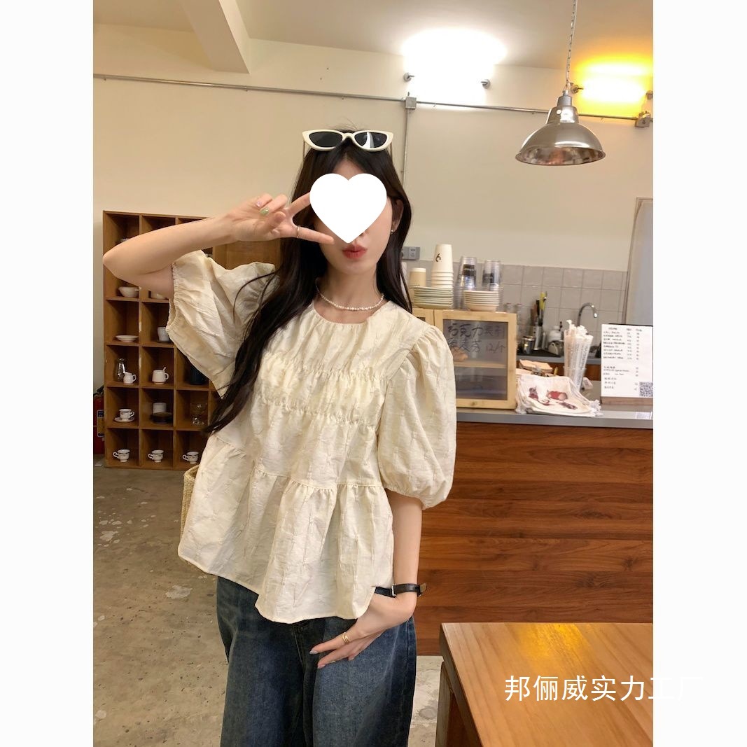 法式圆领泡泡袖衬衫女夏季大码胖mm纯欲衬衣小众宽松显瘦短款上衣