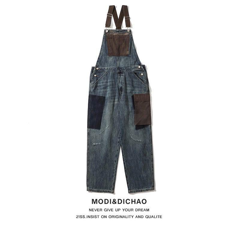 Japanese Retro Workwear Overalls Unisex Color-Blocked Suspender Jeans Jumpsuit Trendy Loose Fit